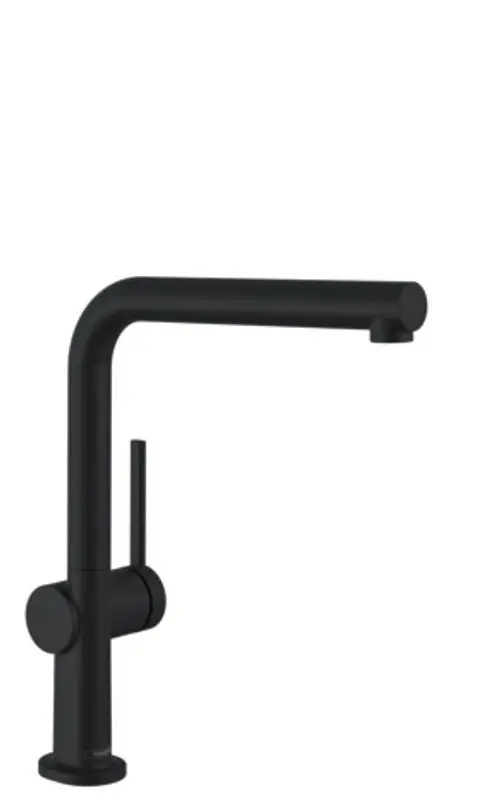 Schwarzer Hansgrohe Spültischmischer mit einem geraden Auslauf und seitlichem Hebel zur Regulierung des Wassers. Schlichte Formgebung, ideal für moderne Küchen.